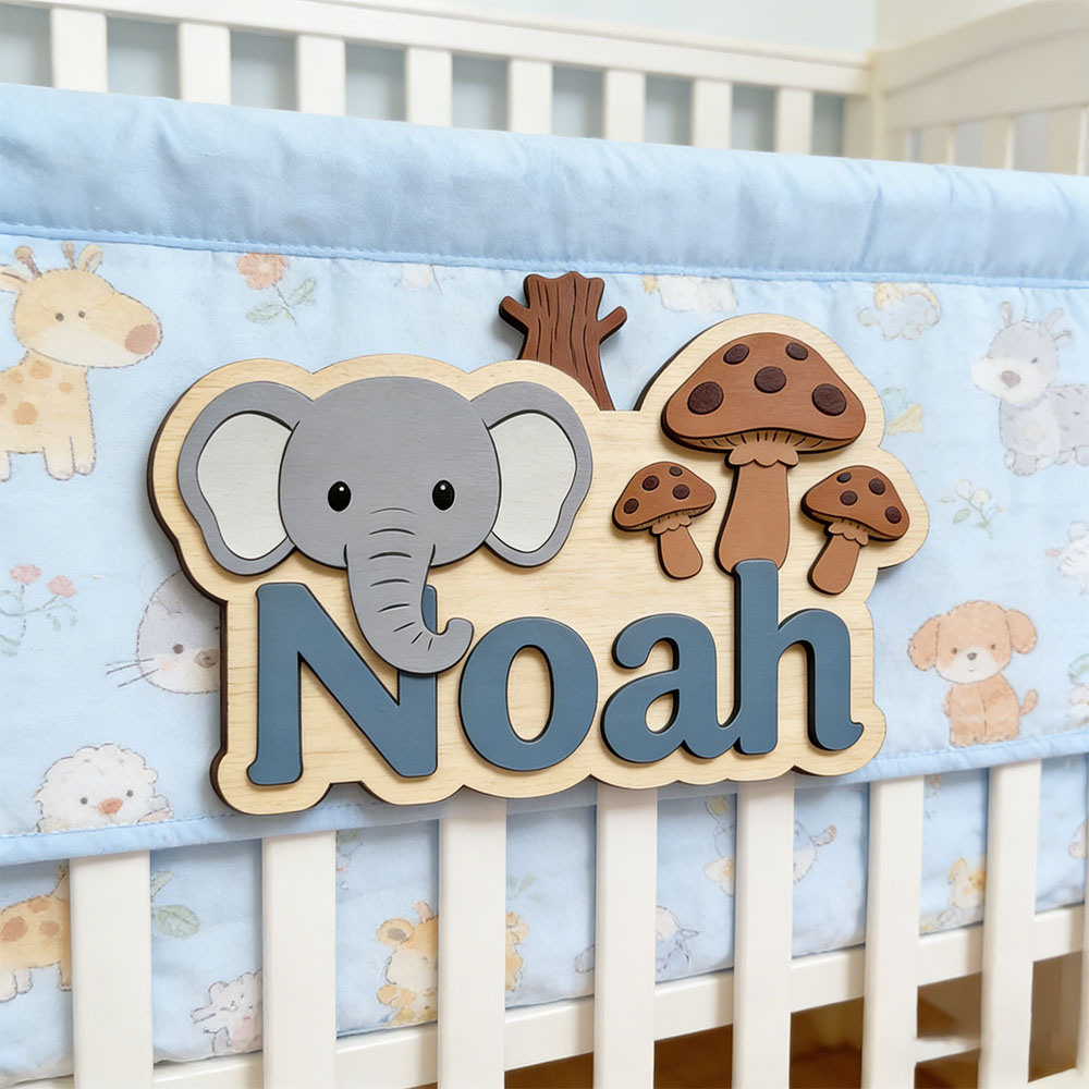 Baby Nursery Themes Girl - Plakat Nama Gajah & Jamur Kartun