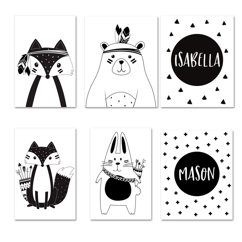 Baby Nursery Name Wall Art - Hitam Putih Kartun Beruang Kelinci Bayi