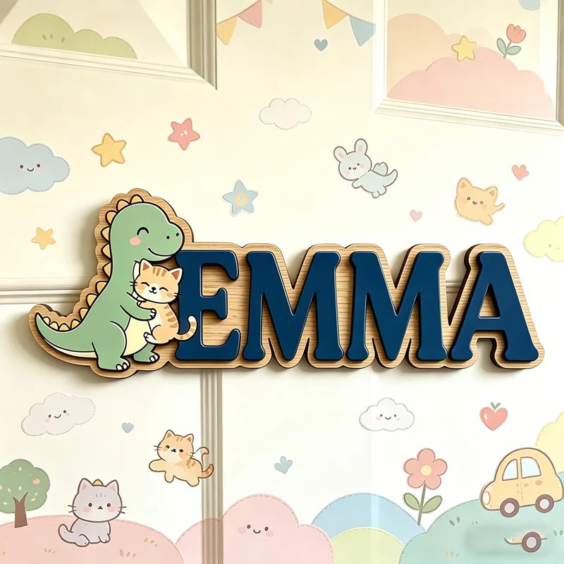 Baby Nursery Name Wall Art - Plakat Nama Kustom Dinosaurus Lucu yang