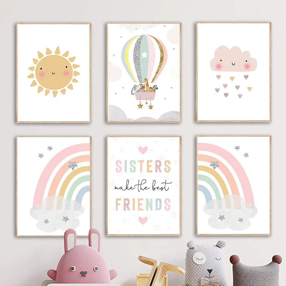 Baby Nursery Name Wall Art - Jerapah Gajah Balon Udara Matahari Pelangi