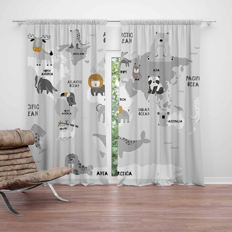 Baby Nursery Blackout Curtains - Tirai Kamar Bayi Peta Dunia Hewan