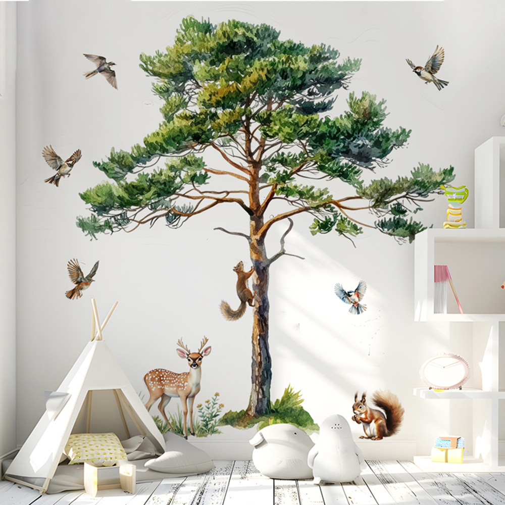 Baby Nursery Wallpaper - Stiker Dinding Pohon Pinus Besar, Tupai,