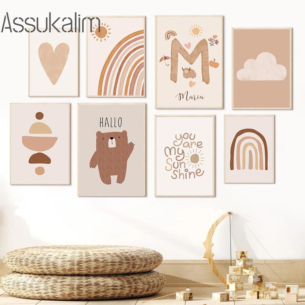 Baby Nursery Name Wall Art - Poster kanvas krem seni dinding Boho