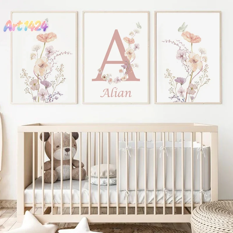 Baby Nursery Name Wall Art - Lukisan Kanvas Bunga Mawar Pink dengan