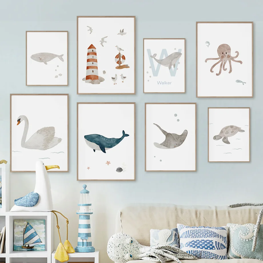 Baby Nursery Name Wall Art - Lukisan Kanvas Seni Dinding Motif Hewan