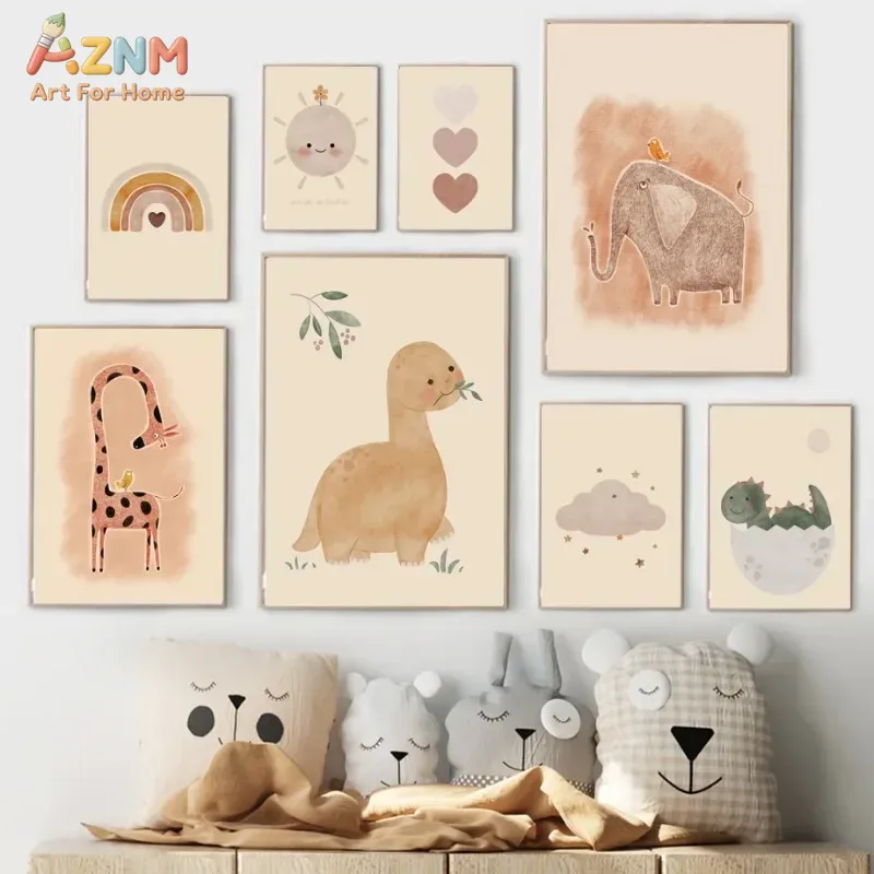 Baby Nursery Elephant - AZNM Lukisan Kanvas Dinosaurus Warna Netral,