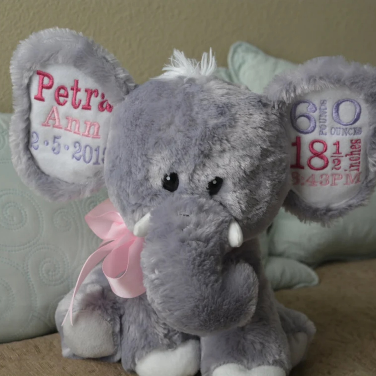 Baby Nursery Keepsake - Boneka Gajah Custom Birth Stats –