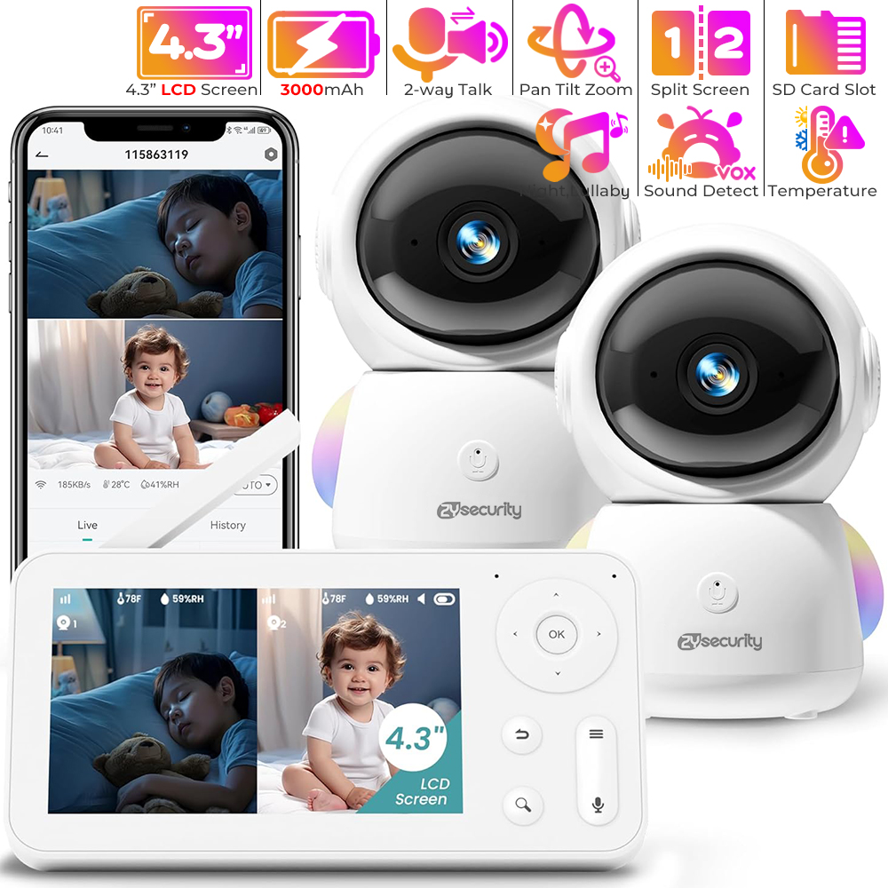 Baby Monitor Split Screen - Monitor bayi 2K, dengan 2 kamera