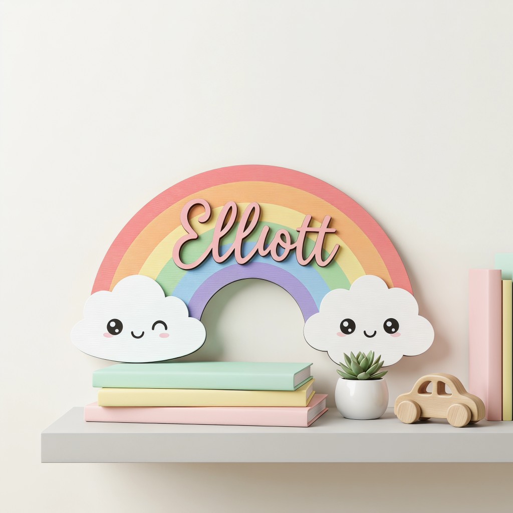 Baby Nursery Keepsake - 1Pc Plakat Nama Kayu Awan Tersenyum