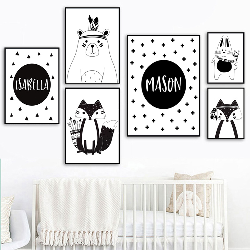 Hitam Putih Kartun Beruang Kel - Baby Nursery Name Wall Art ulasan dan harga
