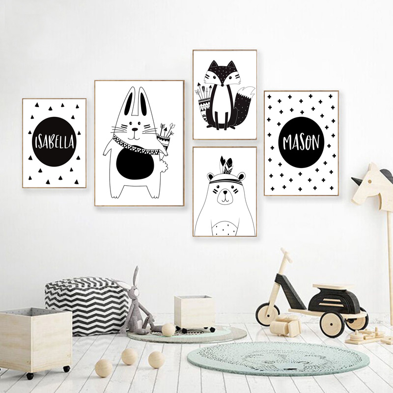 Hitam Putih Kartun Beruang Kel - Baby Nursery Name Wall Art ulasan dan harga